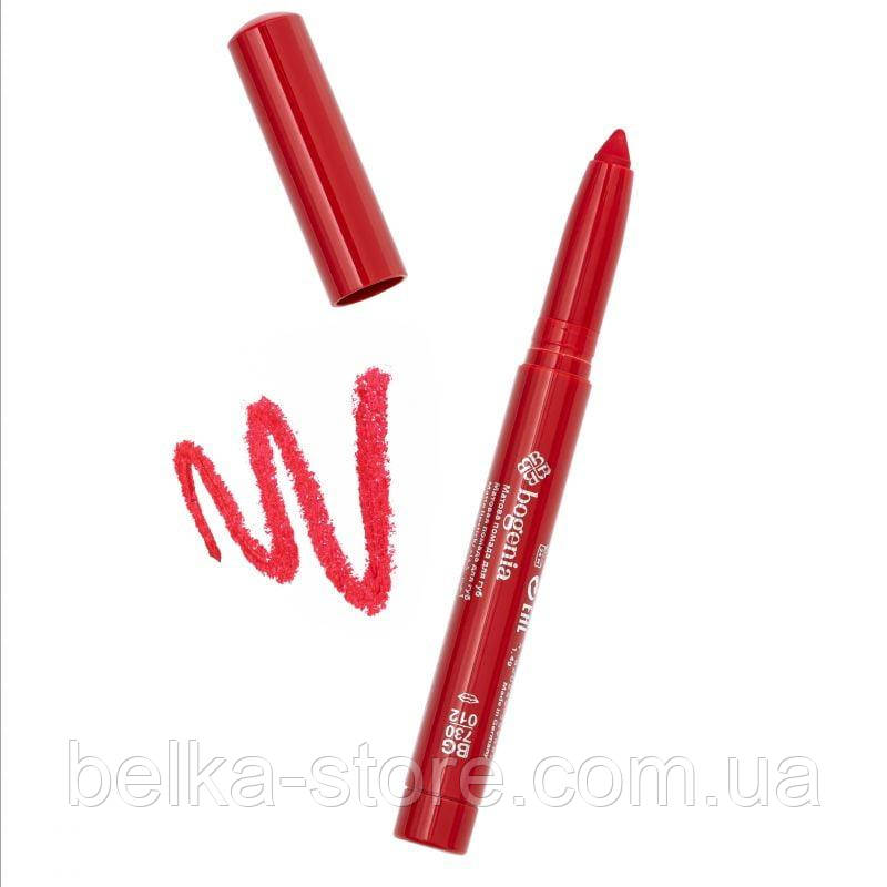 ПОМАДА-ОЛІВЕЦЬ ДЛЯ ГУБ ВОДОСТІЙКА BOGENIA VELVET WATERPROOF MATTE, 012 FRISKY RED, фото 1