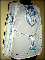 Вишиванка жіноча "Дві дороги" на білому шифоні, вишита блуза синіми та білими нитками, машинна вишивка