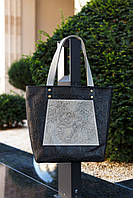 Кожаная женская сумка Шопер черный с серым карманом