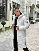 Зимняя стеганная мужская куртка пуховик удлиненная белая с капюшоном, длинное спортивное пальто парка Zmist