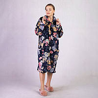 Халат жіночий махровий із квітами на блискавці батал чорний р.52-62
