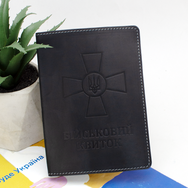 Обложка на военный билет кожаная (черная) с прозрачным клапаном