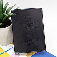 Обкладинка на військовий квиток шкіряна (чорна) з прозорим клапаном