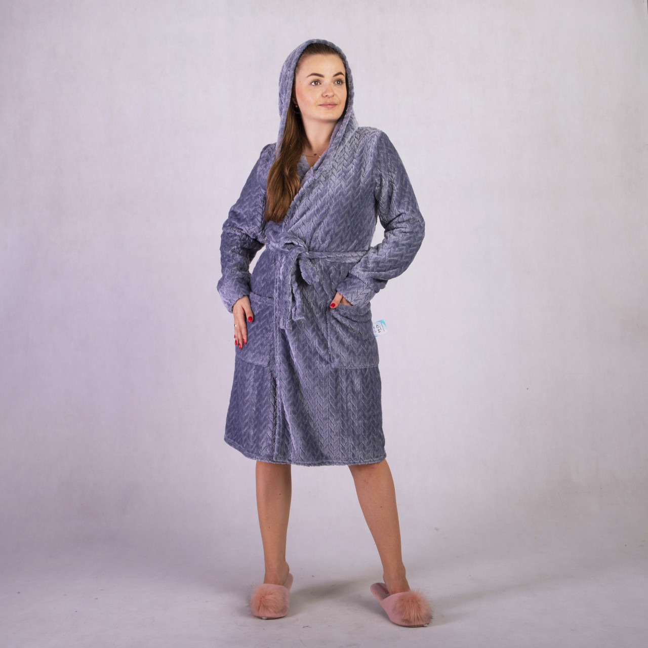 Халат жіночий махровий теплий однотонний з капюшоном короткий сірий р.42-54