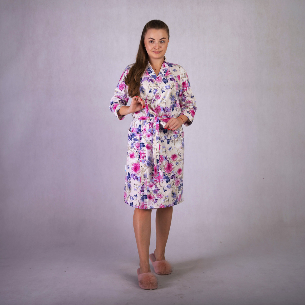 Жіночий теплий халат короткий начос хатній халат з квітами р.46-54