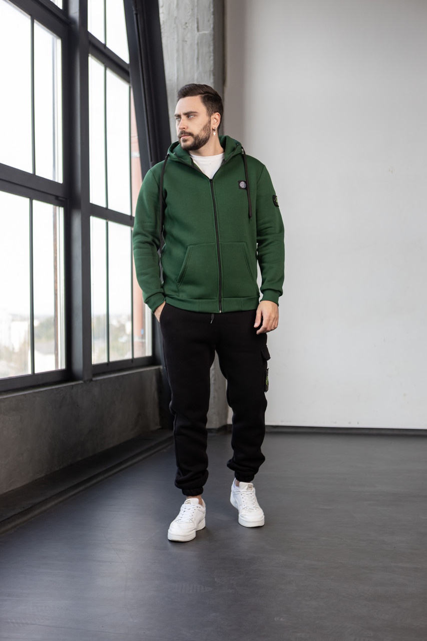 Чоловічий зимовий спортивний костюм Stone Island чорний Комплект Стон Айленд теплий на флісі