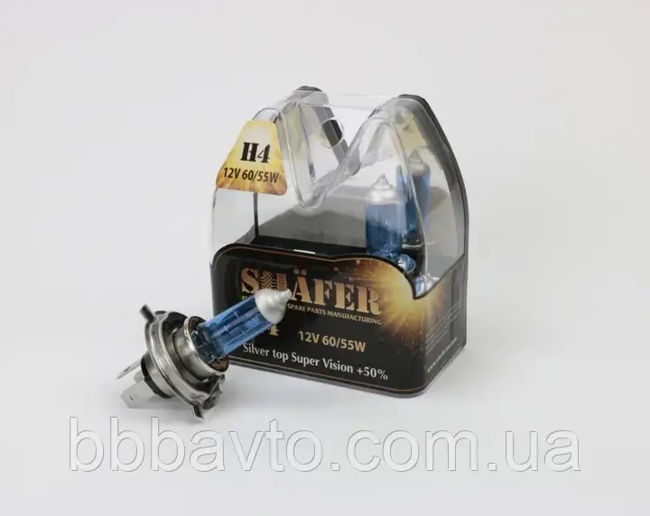 Лампа автомобільна H4 12V60/55W Silver top Super Vision +50% (Бокс 2шт) (Ви-во Shafer ) SL3004S