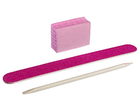 Одноразовый набор для маникюра Kodi, рожевий (пилочка 120/120, баф 120/120, апельсиновая палочка)