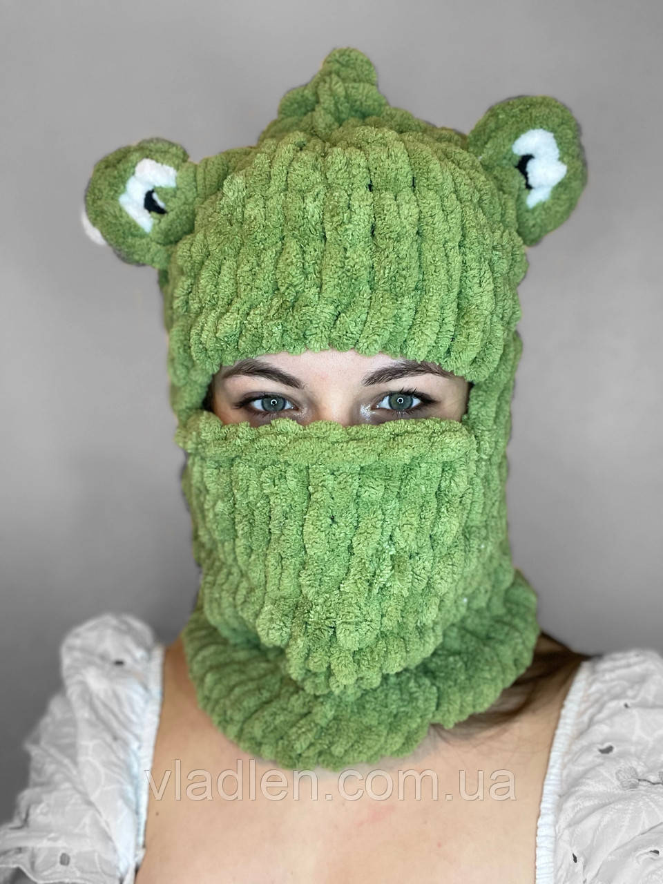 В'язана балаклава шапка Alize Puffy зелена жаба з очима (140579)