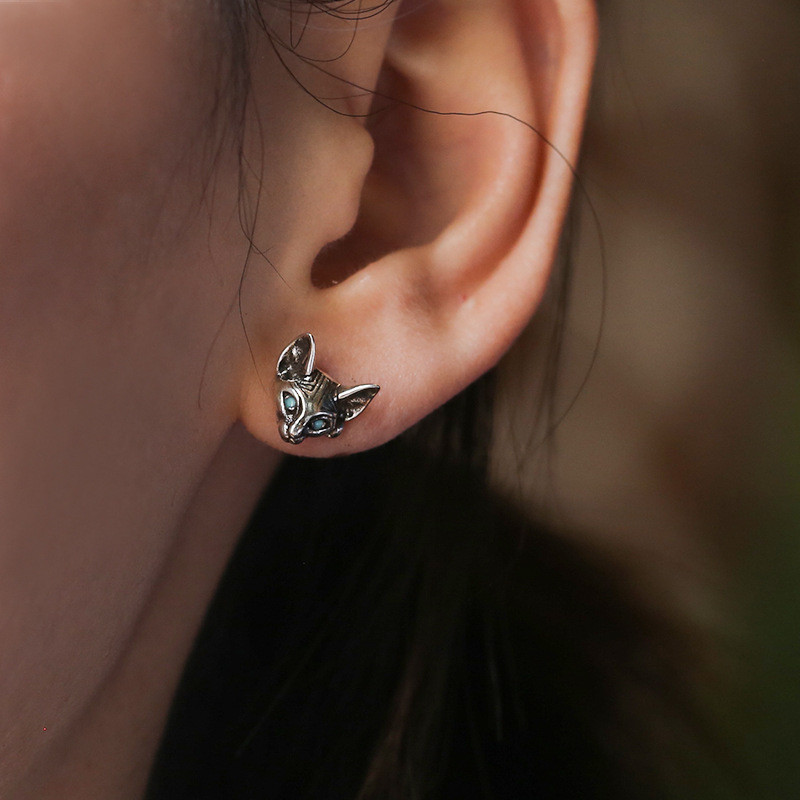 Сережки-гвоздики Сфінкс, сережки у стилі вінтаж з котами, срібне покриття 925 проби, фото 1