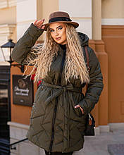 Зимова Куртка жіноча батал подовжена з капюшоном і поясом