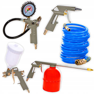 Набір для компресора Kraft-Dele (Фарбопульт / Продувний пістолет / Шланг / Підкачування шин / Миючий пістолет)