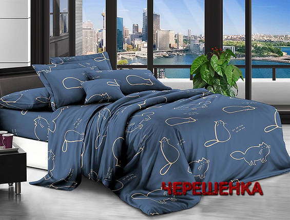 Тканина для постільної білизни Полисатин 135 SP135-4016 (60м) котики на синьому, фото 1