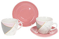 Кофейный набор фарфоровый: 2 чашки 240мл + 2 блюдца, цвет - розовый с белым 905-255