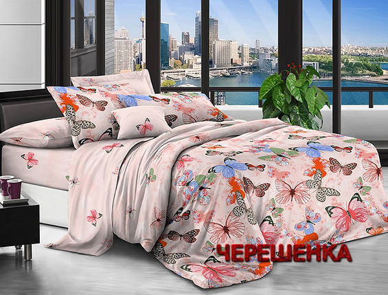 Бежево-рожева тканина 220 см для постільної білизни Полісатин 135 поліестер із принтом метелики 60 м, фото 1