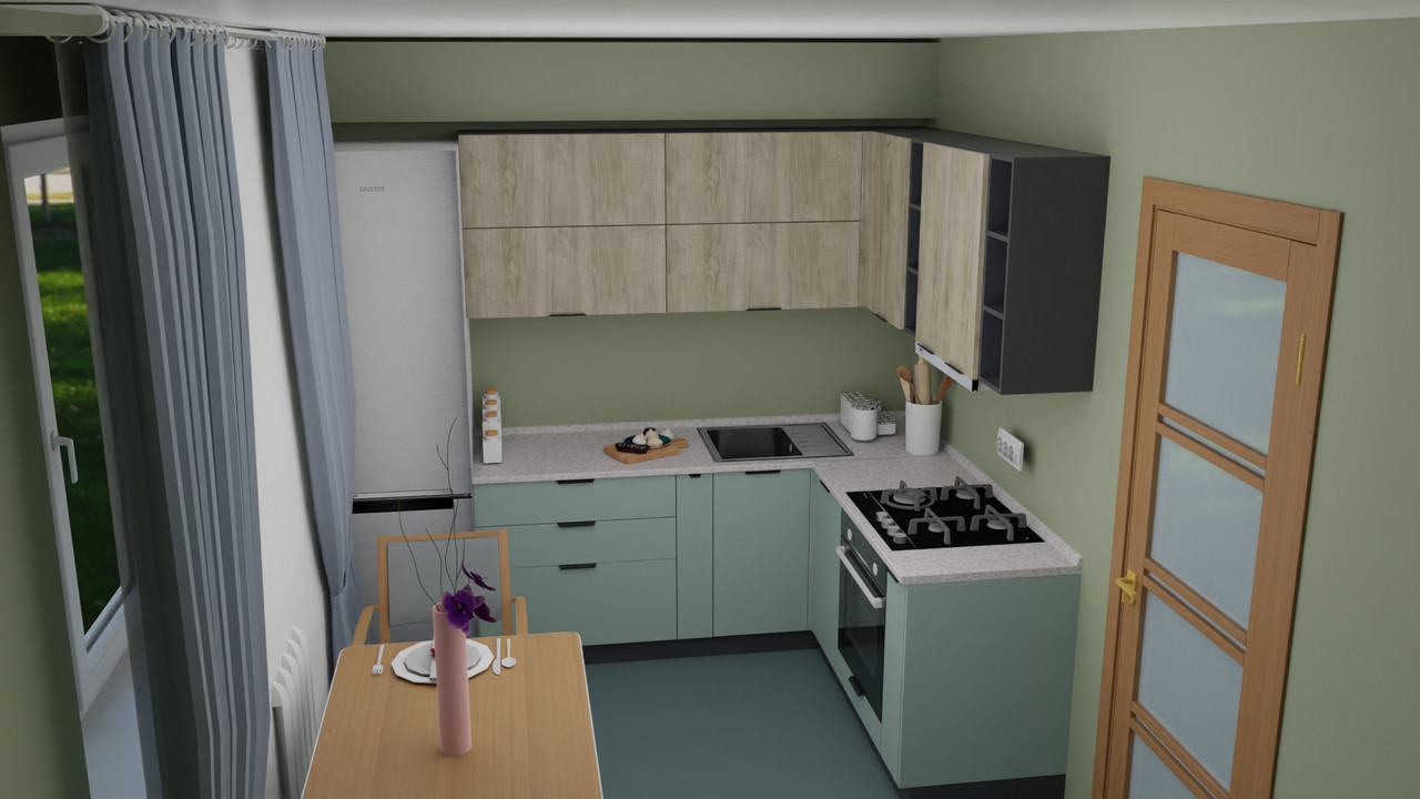 Кухня з акрилу 215х180 см Дуб крафт сірий/Кам'яна троянда мат, фото 1