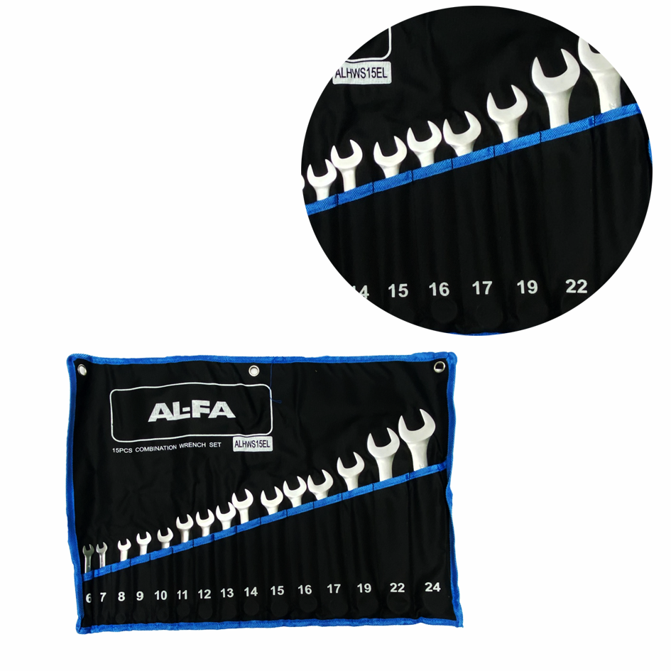 Набір ключів ріжково-накидних AL-FA ALHWS15EL [15 одиниць/ 6-24мм / Cr-V сталь], фото 1