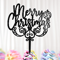 Пластиковый Топпер "Merry Christmas" 16х14 Черный Топер из Акрила для Торта, Фигурка из Полистирола