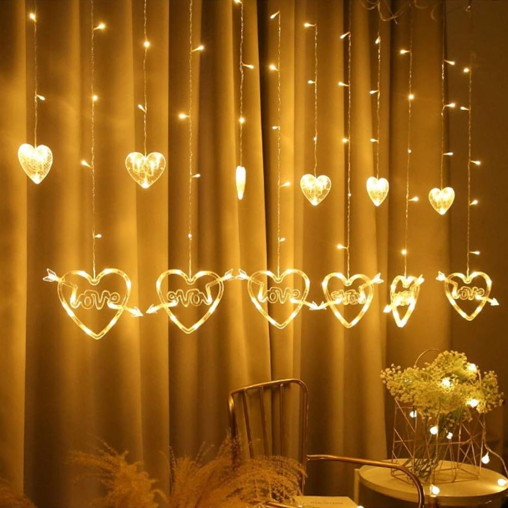Світлодіодна гірлянда штора Серця-LOVE 12 шт., 3х1м, 220 V, 8 режимів, IP44 Теплий білий