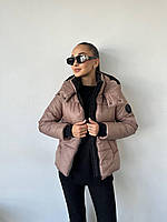 Зимний женский пуховик еврозима короткий с капюшоном, теплая лаковая куртка для женщин синтепух Беж, 42