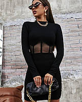 Женское приталенное мини платье с имитацией корсета.Черное стильное облегающее платье с длинным рукавом