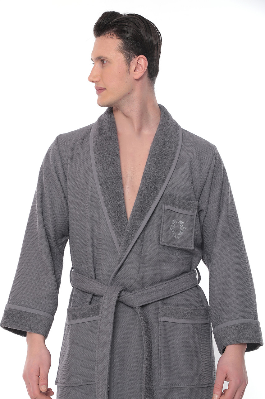 Мужской махровый халат Maison D'or Quattro Grey хлопок размер M (48) серый - фото 2 - id-p1487521923