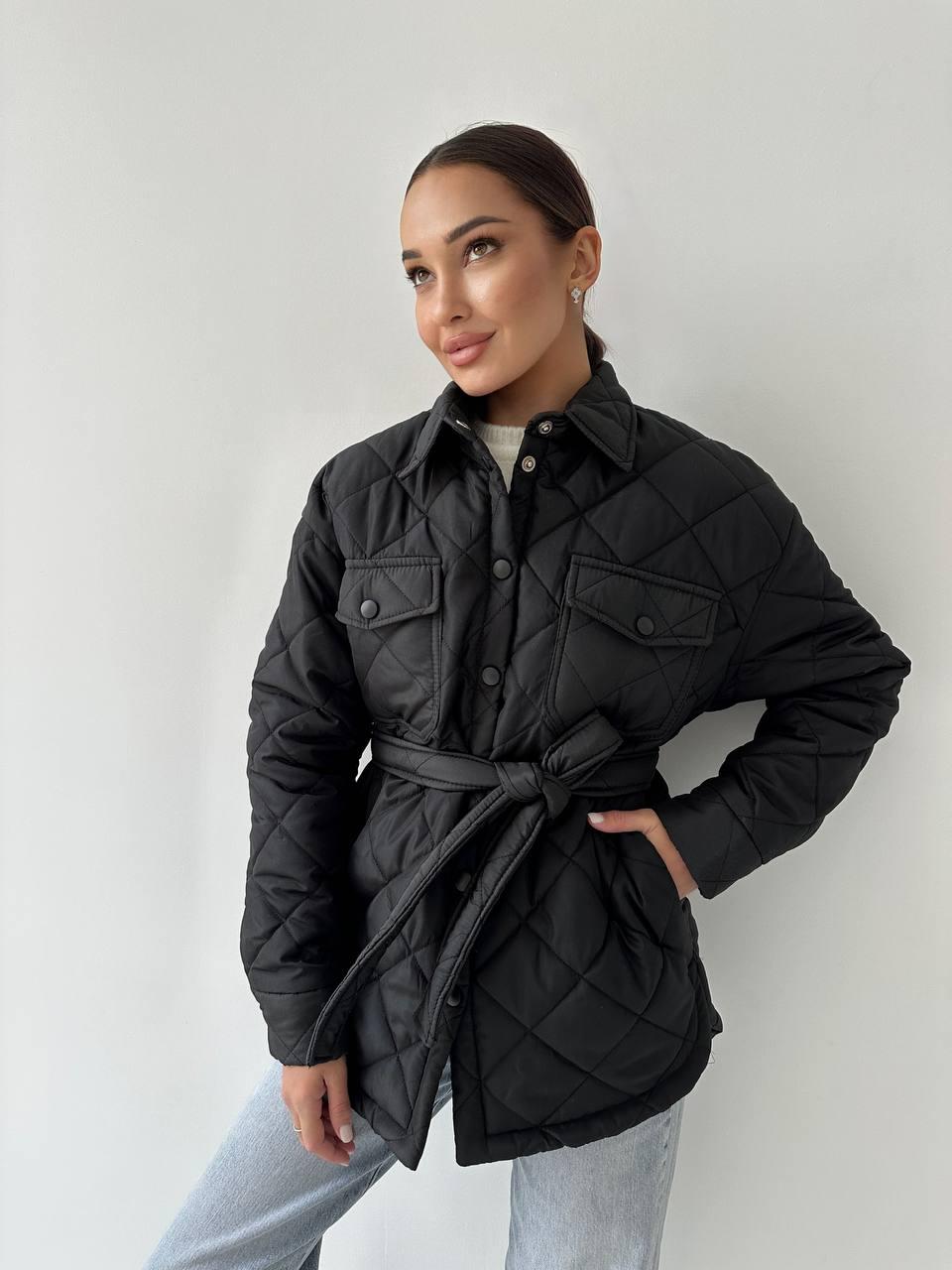 Жіноча тепла базова куртка сорочка стібка із затяжкою на поясі стьобана курточка демісезонна з поясом