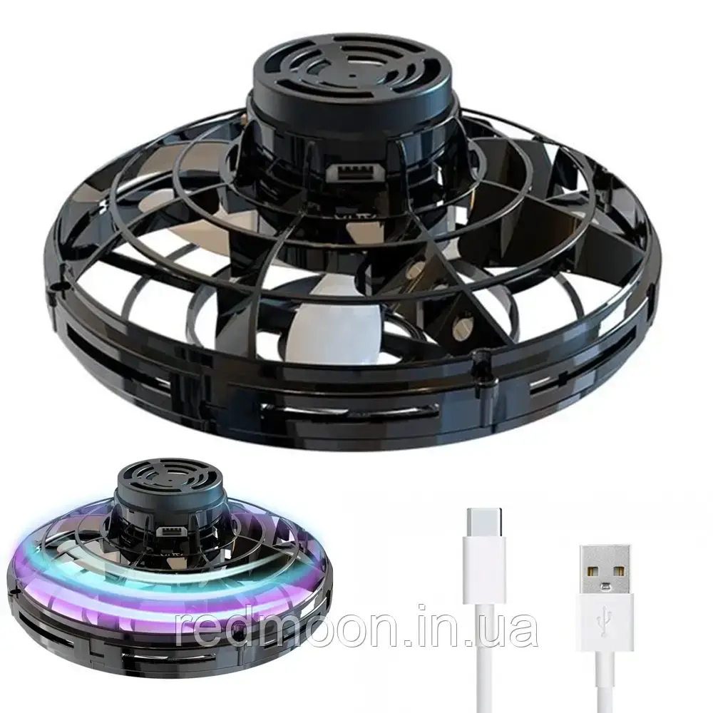 Літаючий спіннер з підсвічуванням FLY Чорний / Дитяча іграшка літаюча тарілка, фото 1