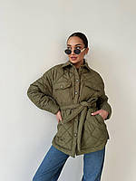 Женская теплая базовая куртка рубашка стежка с затяжкой на поясе стеганная демисезонная курточка с поясом Хаки, 42/44