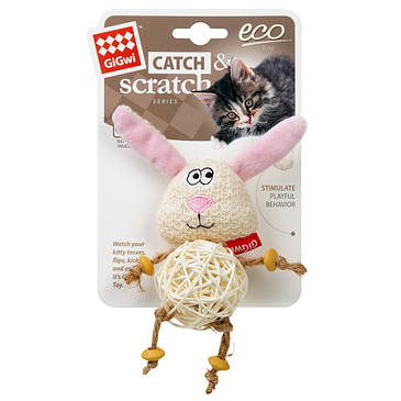 Іграшка для котів Зайчик із плетеним м'ячиком і дзвіночком GiGwi Catch&scratch, поліестер, 10 см, фото 3