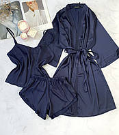 Шелковый комплект тройка халат и пижама с шортами цвет СИНИЙ, ткань шелк Армани GDS