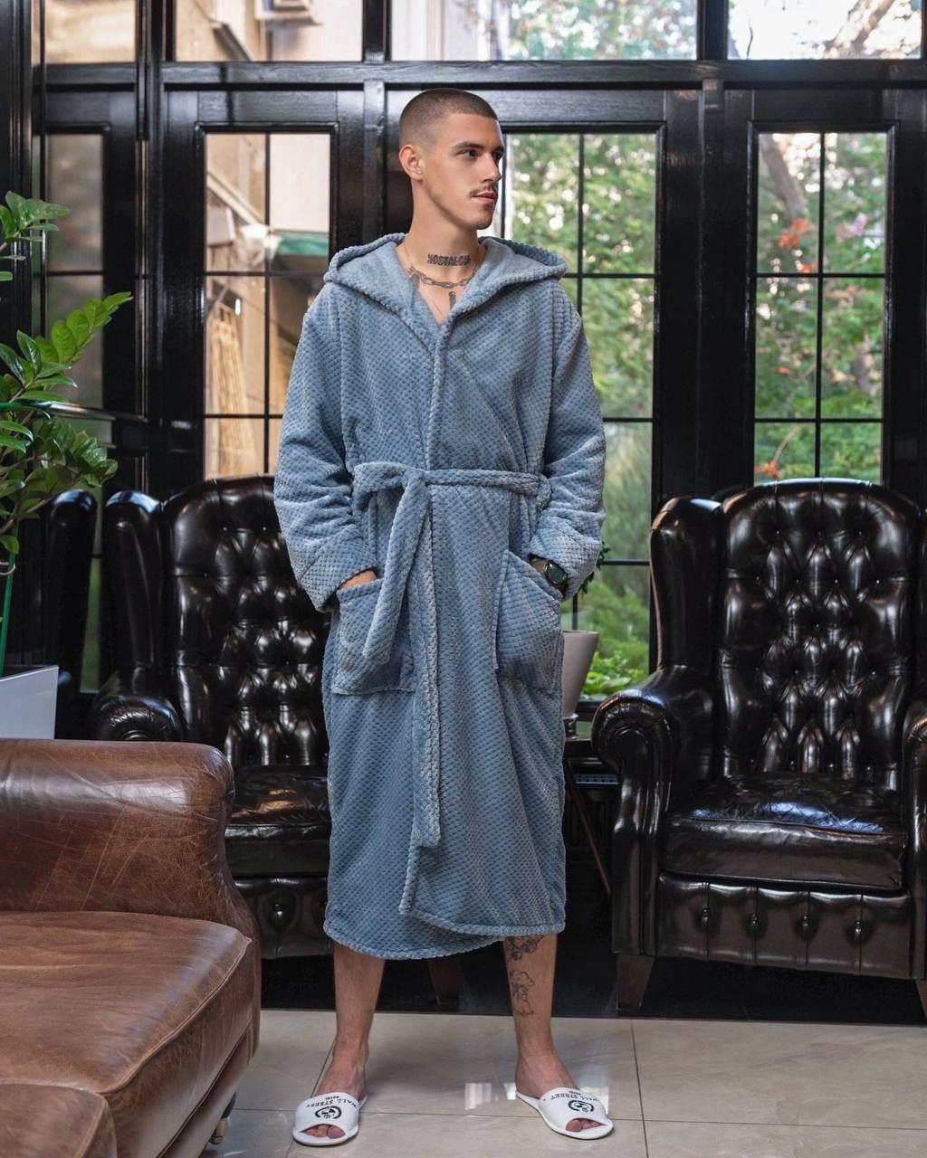 Теплий махровий довгий чоловічий халат із капюшоном із кишенями блакитний колір гарний хатній одяг для чоловіків