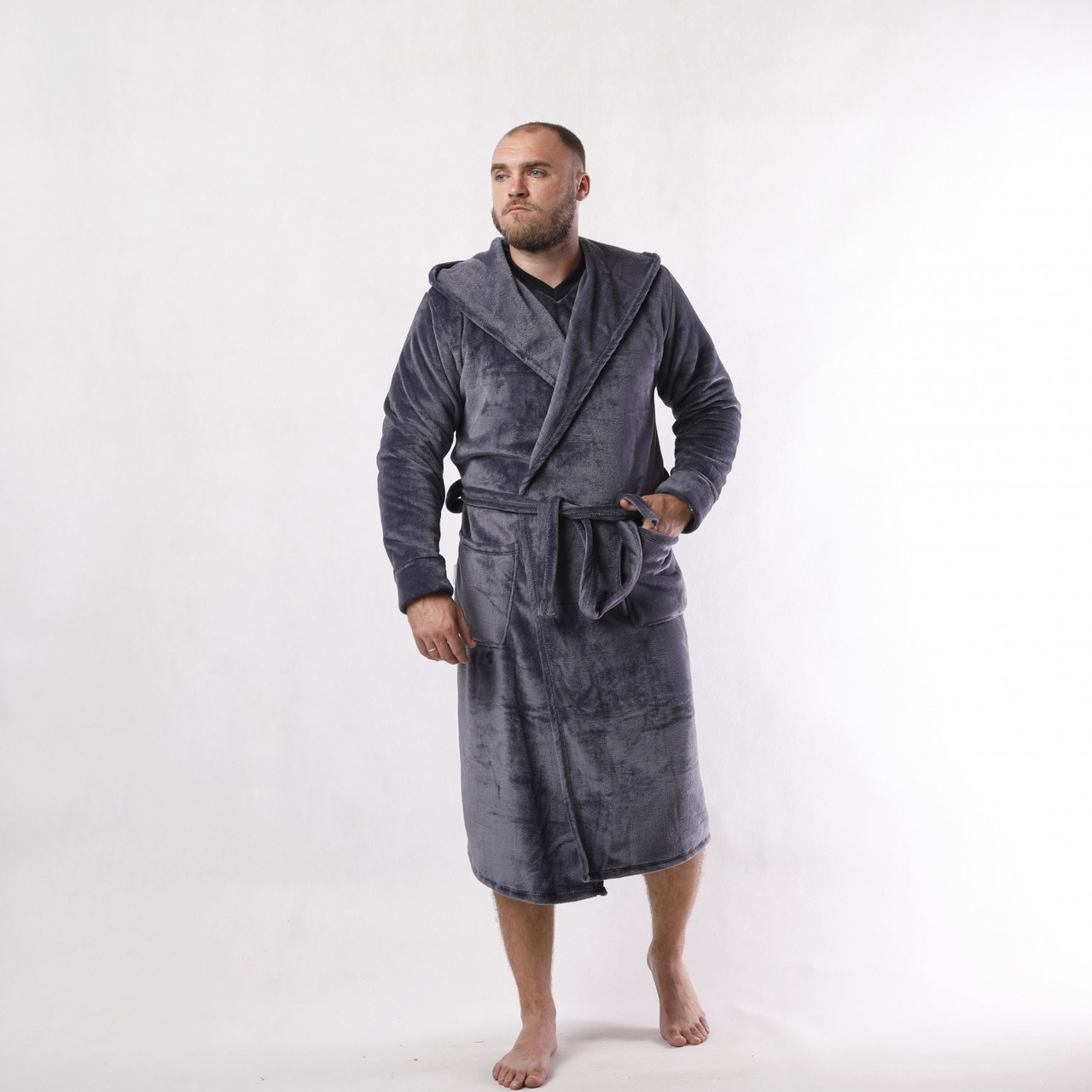 Халат чоловічий махровий теплий із капюшоном однотонний 44-60р.