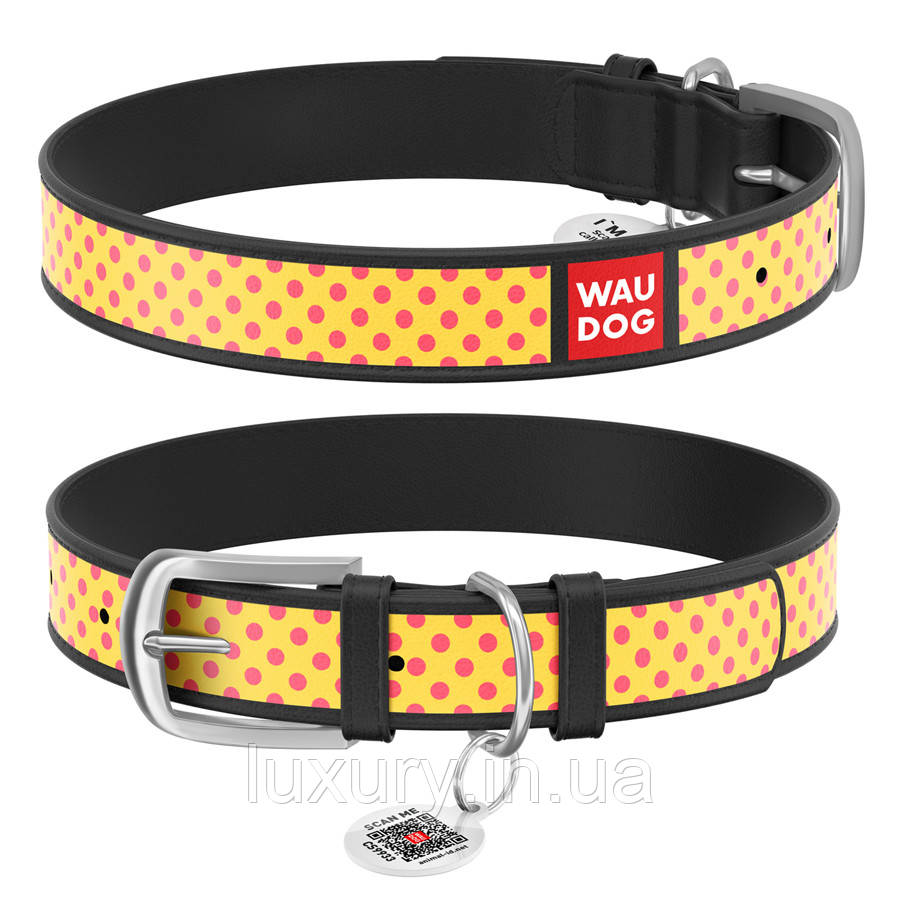 Нашийник WAUDOG Design з малюнком "Жовта полька", преміумшкіра, металева пряжка (ширина 12 мм, довжина