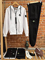 Мужской спортивный костюм осень белый зип худи + штаны Осенние мужские костюмы Stone Island c патчем Lnx