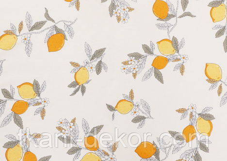 Сатин (бавовняна тканина) крупні лимони на гілочках (ширина 160см, 120г/м2), фото 1