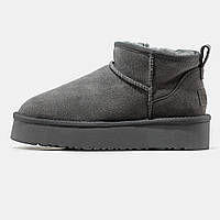 Женские зимние UGG Classic Ultra Mini Platform Grey, серые замшевые угги ультра мини на платформе