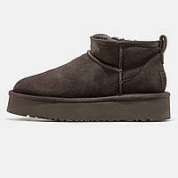 Женские зимние UGG Classic Ultra Mini Platform Brown, коричневые замшевые угги ультра мини на платформе