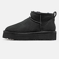 Женские зимние UGG Classic Ultra Mini Platform Black, черные замшевые угги ультра мини на платформе