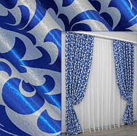 Комплект готовых штор блэкаут "Вензель" на две стороны цвет синий