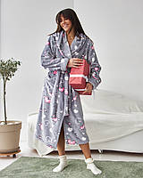 Сірий махровий довгий халат з капюшоном у сердечка