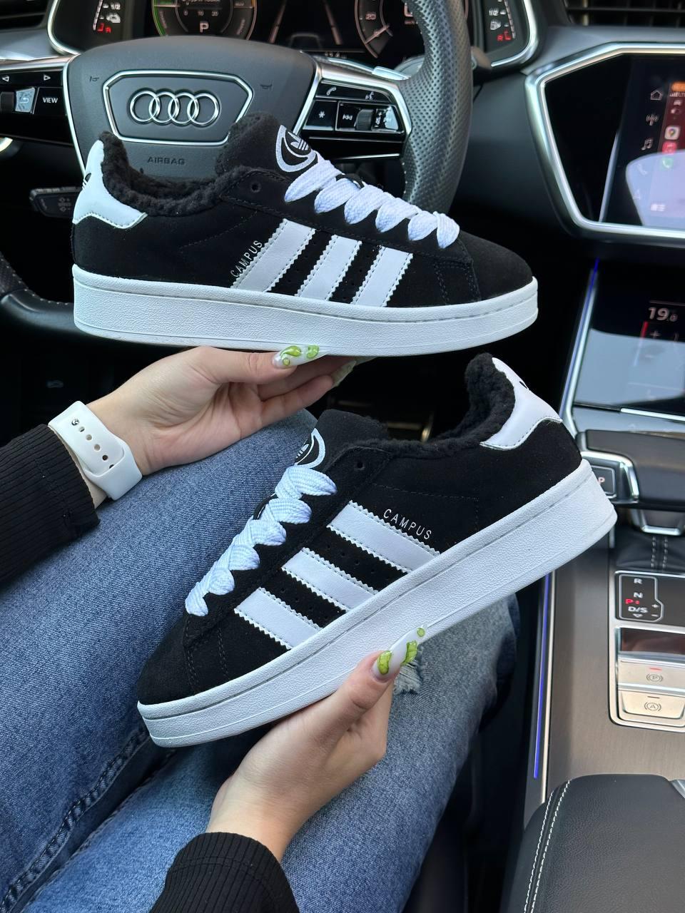 Жіночі кросівки на хутрі Adidas Campus Black White Fur, фото 1