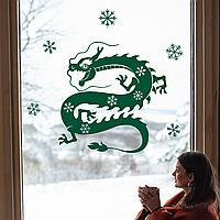 Новогодние наклейки Веселый Дракон со Снежинками Символ года 2024 декор окон Набор S 48х49см матовая Зелёный