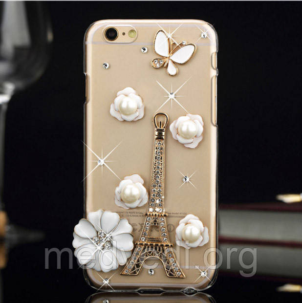 Чохол iphone 6 зі стразами, Ейфелева вежа та квіти з каменів  