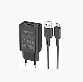 Мережевий зарядний пристрій Borofone BA68A + кабель Micro USB Black