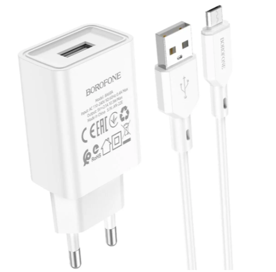 Мережевий зарядний пристрій Borofone BA68A + кабель Micro USB White No brand Мережевий зарядний пристрій