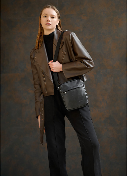 Шкіряна сумка через плече месенджер Sambag Makros чорна, фото 1