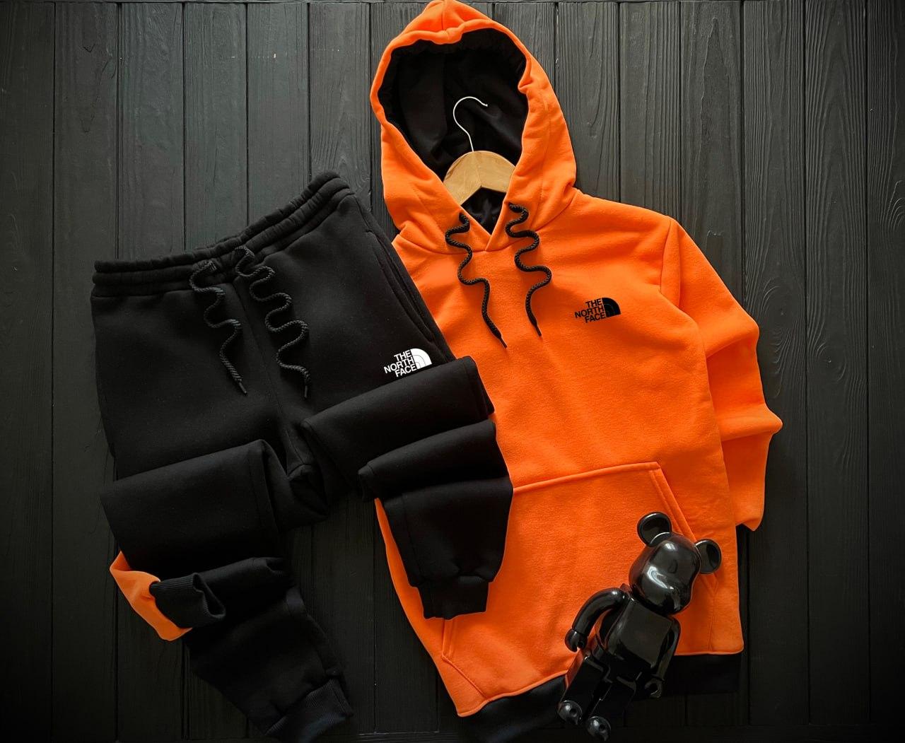 Теплий спортивний костюм чоловічий зимовий The North Face на флісі помаранчевий кофта штани зима з начосом Tnf