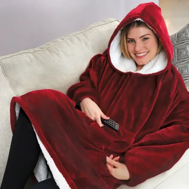 Плед Толстовка з Капюшоном і Руковами Hugle Hoodie 3-в-1 (Бордовий) Плед із Руковами Двосторонній Теплий Худі, фото 1