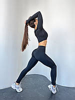 Женские лосины для фитнеса спорта бега с декоративными швами Леггинсы для йоги черный S